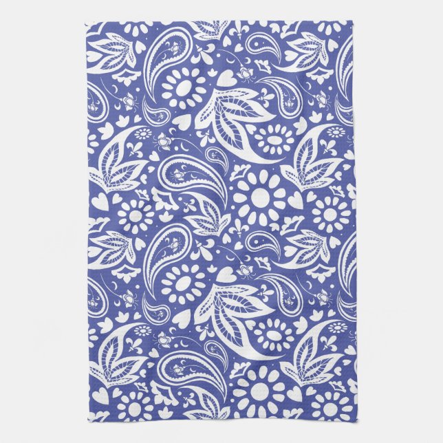 Bright Classic Blue and White Paisley Design Kitchen Towel (Vertical)