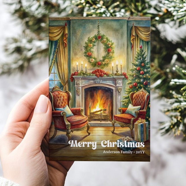Bright classic Christmas scene with cozy interior Holiday Card (Bright classic Christmas scene with cozy interior)