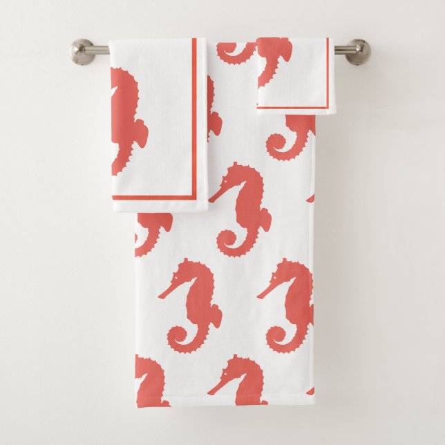 Bright Coastal Coral Pink Seahorses Bath Towel Set (Insitu)