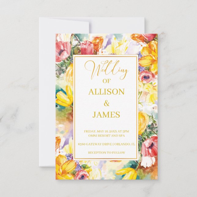 bright color retro GOLDEN modern wedding RSVP Card (Front)