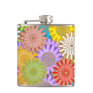 Bright Colorful Busy Chaotic Hippy Flower Pattern Hip Flask