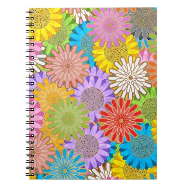 Bright Colorful Busy Chaotic Hippy Flower Pattern Notebook (Front)