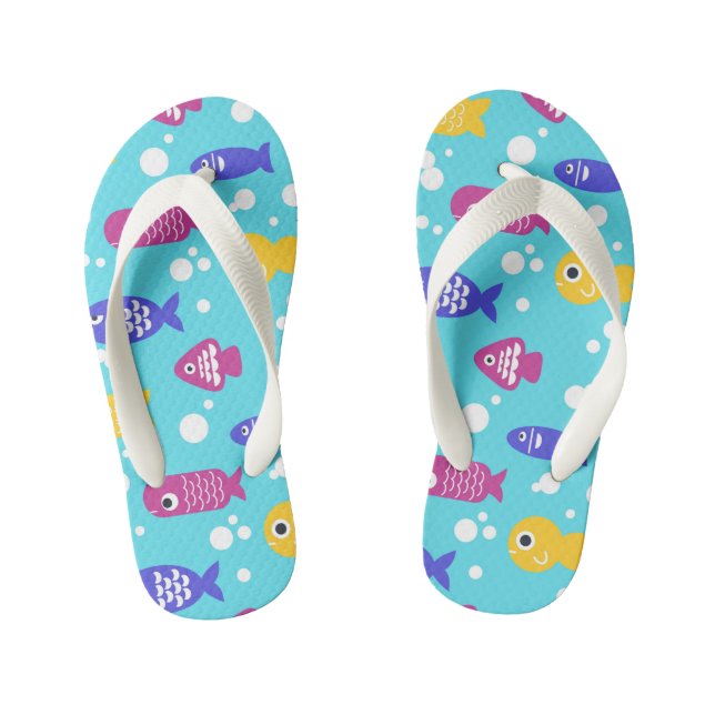 Bright Colorful Cartoon Fish Pattern Blue Kid's Flip Flops (Footbed)