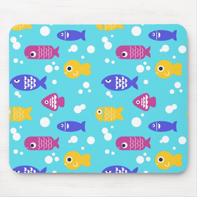 Bright Colorful Cartoon Fish Pattern Blue Mouse Pad (Front)
