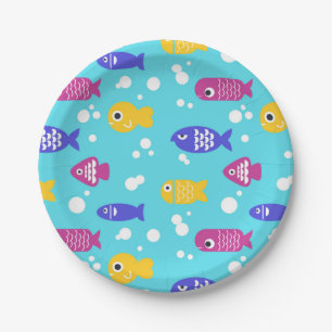 Bright Colorful Cartoon Fish Pattern Blue Paper Plate