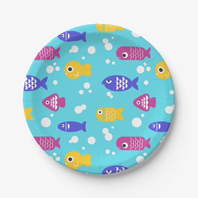 Bright Colorful Cartoon Fish Pattern Blue Paper Plate (Front)