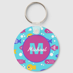 Bright Colorful Cartoon Fish Pattern Kids Name Keychain