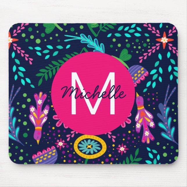 Bright Colorful Chaotic Floral Blue Personalised Mouse Pad (Front)