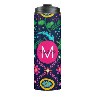Bright Colorful Chaotic Floral Blue Personalised Thermal Tumbler