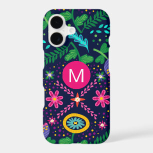 Bright Colorful Chaotic Floral Dark Blue Monogram