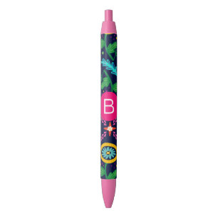 Bright Colorful Chaotic Floral Dark Blue Monogram Black Ink Pen
