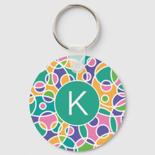 Bright Colorful Crazy Circles Pattern Monogram Keychain
