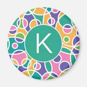 Bright Colorful Crazy Circles Pattern Monogram Magnet