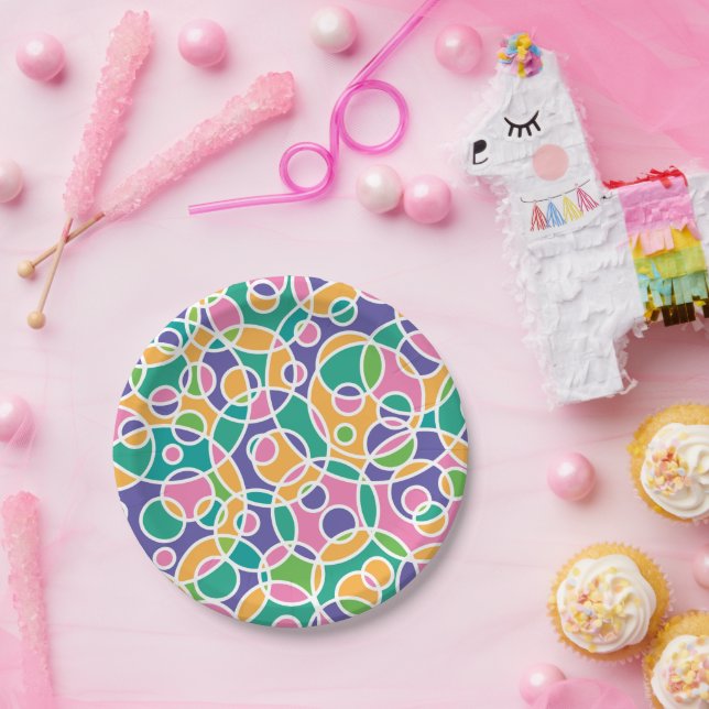 Bright Colorful Crazy Circles Pattern Paper Plate (Party)