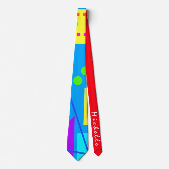 BRIGHT COLORFUL EIGHTIES SHAPE PATTERN 80S & NAME TIE (Front)