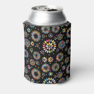 Bright Colorful Flower Circles on Black Can Cooler