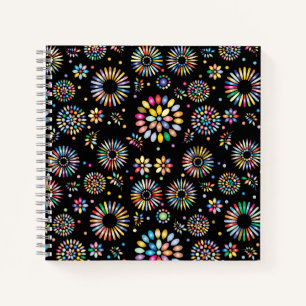 Bright Colorful Flower Circles on Black Notebook