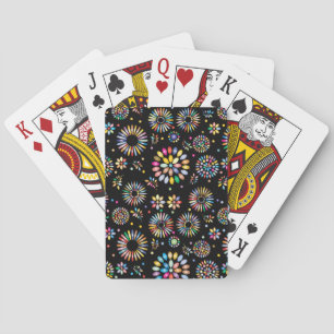 Bright Colorful Flower Circles on Black Playing Cards