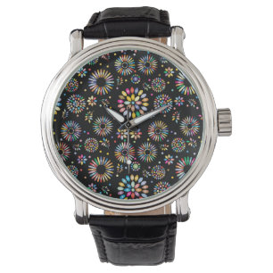 Bright Colorful Flower Circles on Black Watch