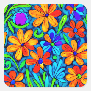 Bright Colorful Folk Art Flowers  Square Sticker