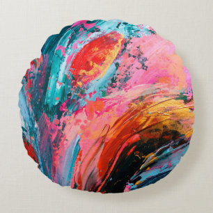 Bright colorful hand painted abstract backgroundar round pillow