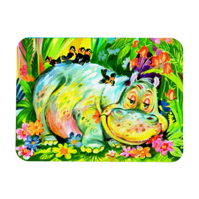 bright colorful hippopotamus and birds magnet (Horizontal)