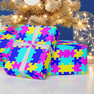 Bright, Colorful Jigsaw Puzzle Pink Blue & Yellow Wrapping Paper