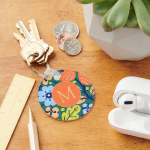 Bright Colorful Modern Floral Pattern Monogrammed Keychain