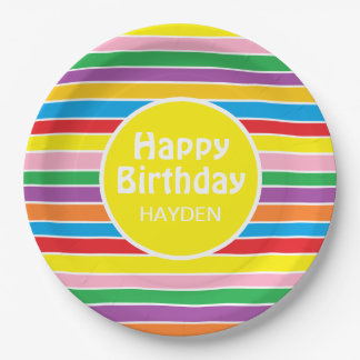 Bright Colorful Rainbow Striped Custom Birthday Paper Plate