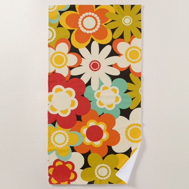 Bright Colorful Retro Cute Floral Pattern Beach Towel (Front)