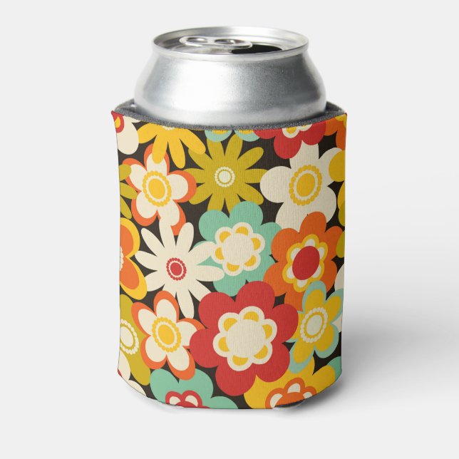 Bright Colorful Retro Cute Floral Pattern Can Cooler (Can Back)