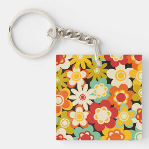 Bright Colorful Retro Cute Floral Pattern Keychain