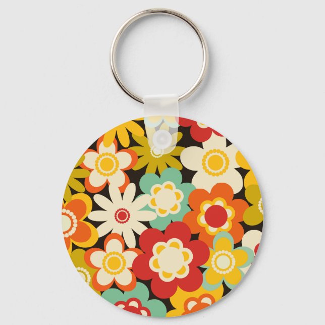 Bright Colorful Retro Cute Floral Pattern Keychain (Front)