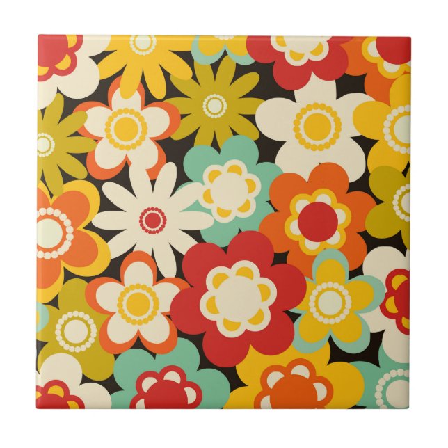 Bright Colorful Retro Cute Floral Pattern Tile (Front)