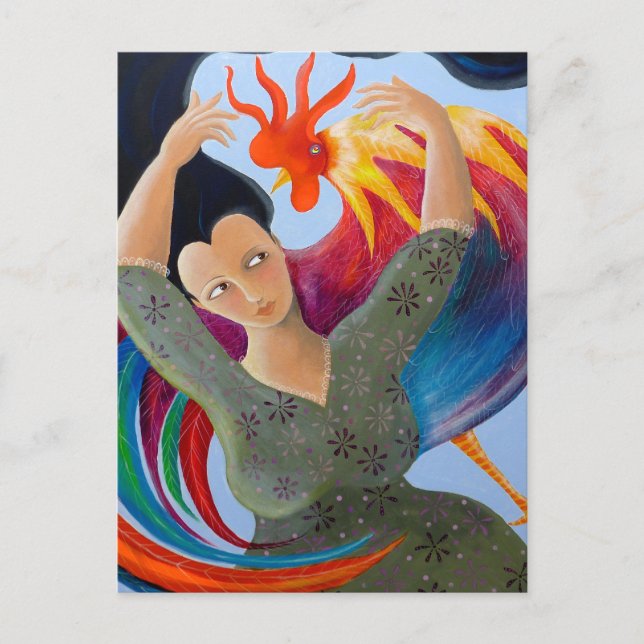 Bright Colorful Rooster and Lady. Postcard (Front)