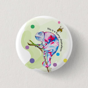 Bright colorful watercolor chameleon and bee. 1 inch round button