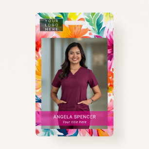 Bright colors pink floral Event ID name tag photo Badge