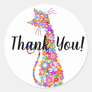 Bright Colour Flower Cat Thank You Classic Round Sticker