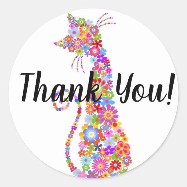 Bright Colour Flower Cat Thank You Classic Round Sticker (Front)
