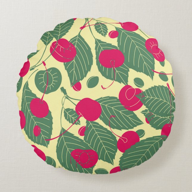 Bright colour summer pattern with cherries. Illust Round Pillow (Front)
