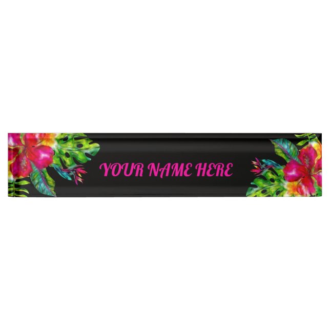 Bright Colour  Tropical Floral Hibiscus Leaves Nameplate (Front)