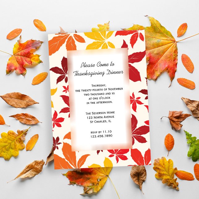 Bright Coloured Fall Leaves Thanksgiving Dinner Invitation (Invite friends to gather for Thanksgiving with this Fall Leaves invitation.)