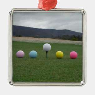 bright coloured Golf Balls on a mountain Metal Ornament