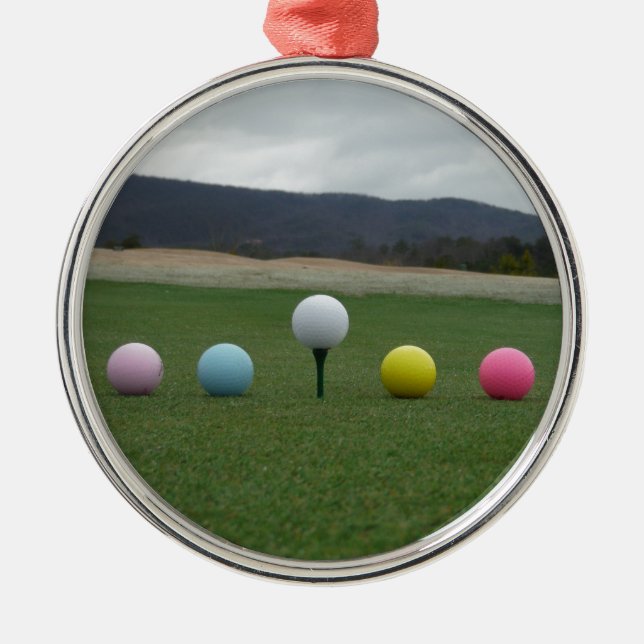 bright coloured Golf Balls on a mountain Metal Ornament (Front)