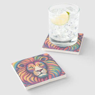 bright coloured lion portrait, wild animal stone coaster