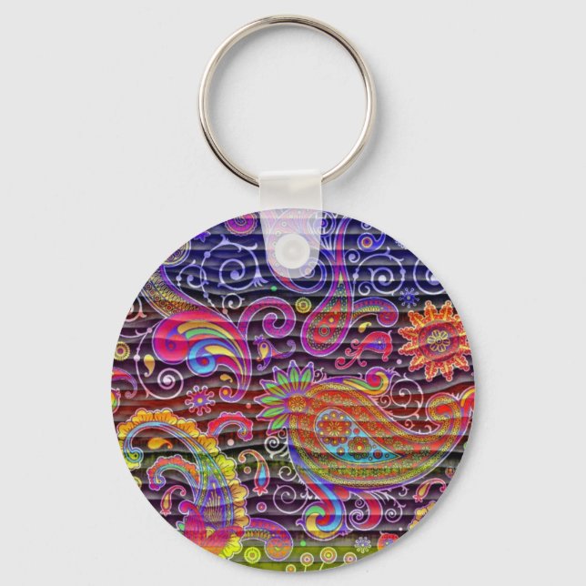 bright coloured paisley wavy lines keychain (Front)