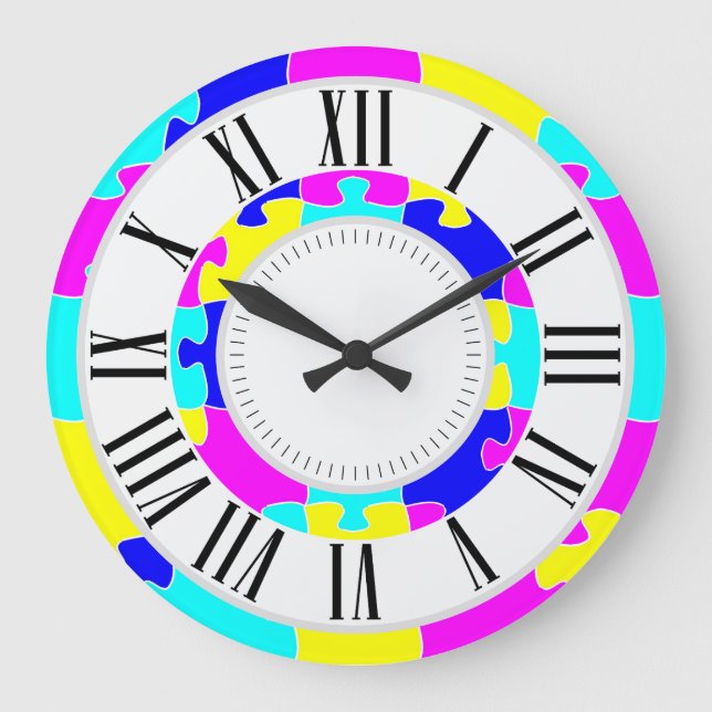 Bright Coloured Pink Blue, Yellow Jigsaw Puzzle Ar Large Clock (Front)