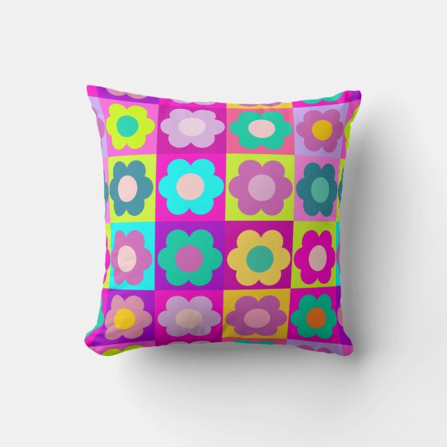 Bright coloured pop art floral throw pillow (Front)