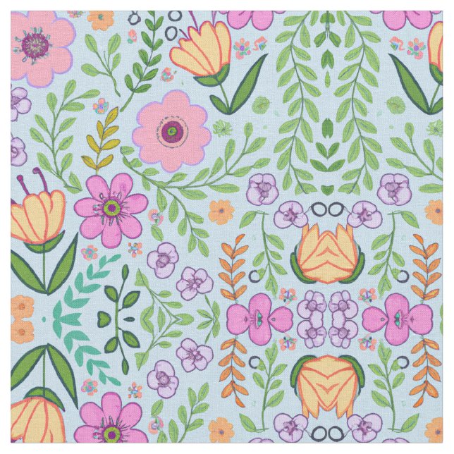 Bright Coloured Seamless Flower Pattern Blue  Fabric (Close Up)