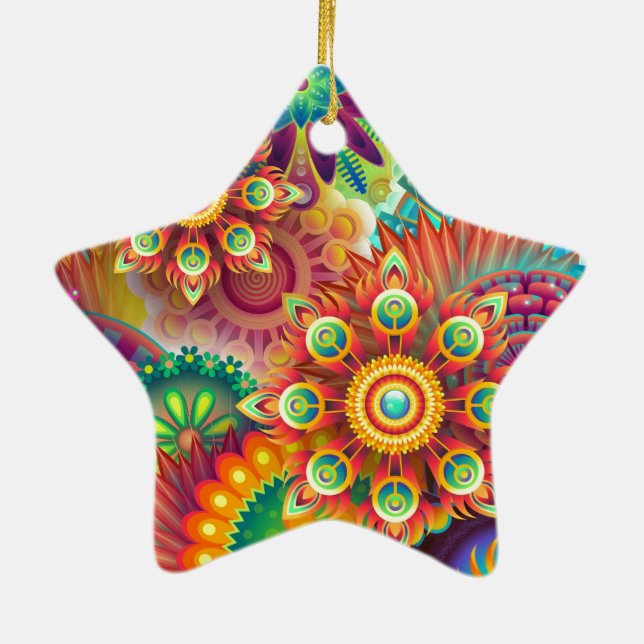 Bright Colourful Abstract Flower Pattern Ceramic Ornament (Back)